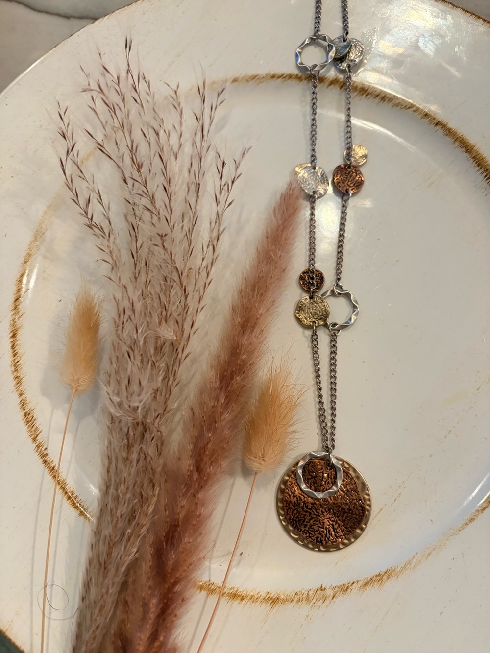 Multi-Tone Hammered Disc Pendant Necklace